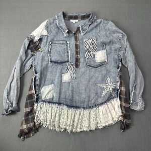 EUC Oli & Hali Washed Denim Long Shirt Lagenlook Extra Large Henley Top